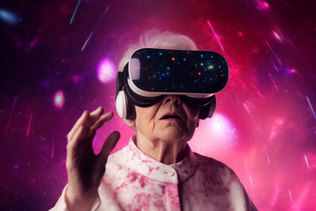Senior woman vr glasses. Digital device. Generate AIの素材