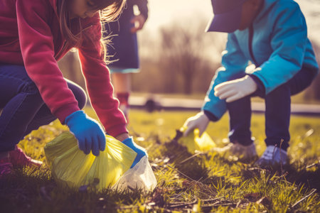 Children picking up trash. Family waste cleaning. Generate AIの素材