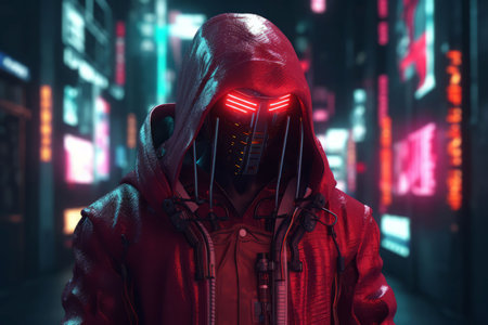 Cyberpunk red man on street. Neon modern. Generate AIの素材