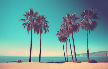 Retro palm beach sky. Sunrise island. Generate AIの素材