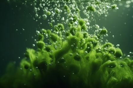 Green algae bubbles underwater. Grass natural. Generate AIの素材