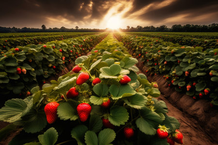 Strawberry field sunset. Pick nature. Generate AIの素材