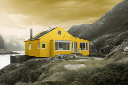 Yellow house fjord mountains. Winter water. Generate AIの素材