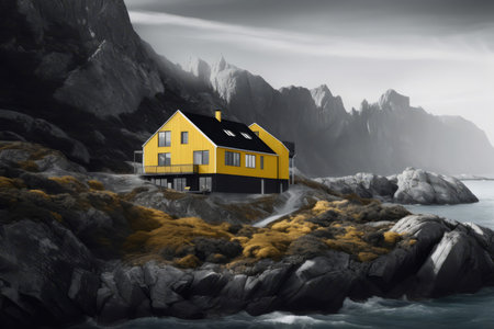 Yellow house fjord island. Water sky. Generate AIの素材