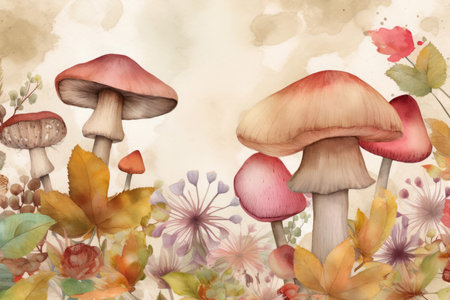 Mushroom flowers watercolor illustration. Art leaf. Generate AIの素材