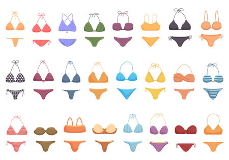 Bikini icons set cartoon vector. Woman beach. Summer fashionのイラスト素材
