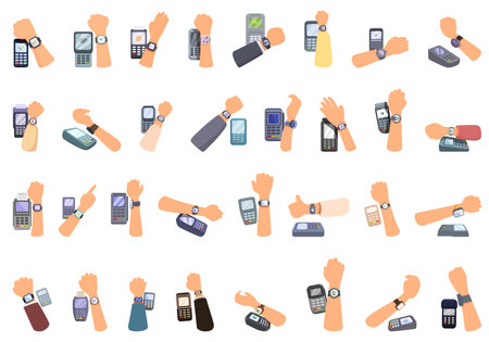 Payment with smart watches icons set cartoon vector. Nfc reader. Smart digitalのイラスト素材