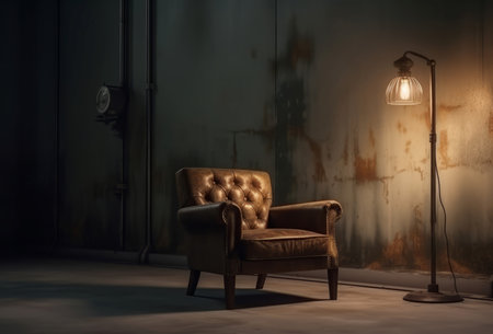 Leather armchair lamp desk. Fashion decor. Generate AIの素材