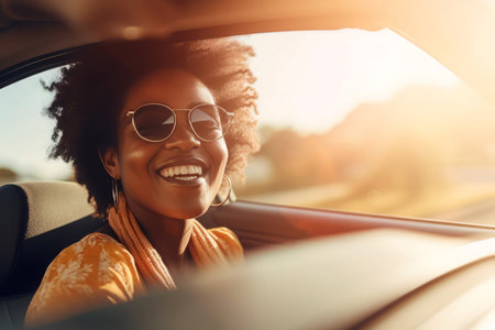 African female driving to sunset. Social road. Generate AIの素材