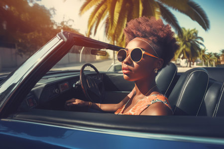 African female driving. Happy freedom. Generate AIの素材