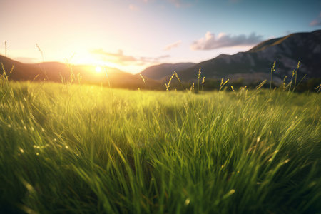 Green grass mountains. Nature land. Generate AIの素材
