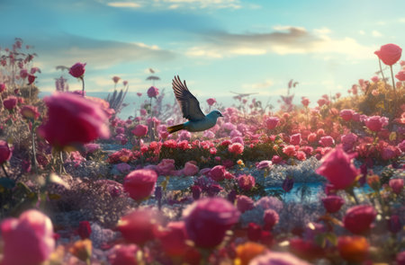 Sea flowers birds sky. Park love. Generate AIの素材