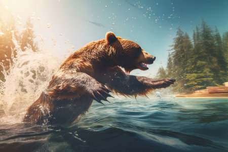 Bear diving river. Nature wild animal. Generate Aiの素材