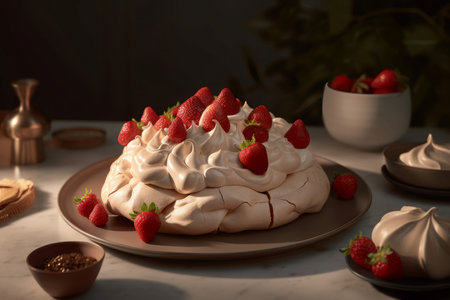 Pavlova strawberry plate. Dessert cream. Generate Aiの素材