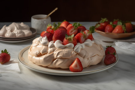Pavlova strawberry plate sugar sweet. Cream dessert. Generate Aiの素材