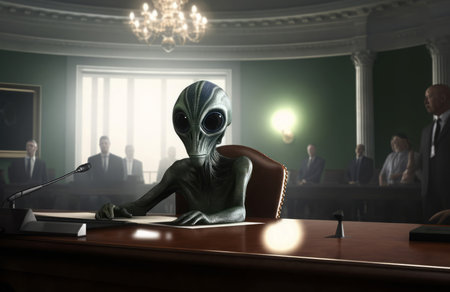 Alien testifying cabinet. Ufo grey monster. Generate Aiの素材