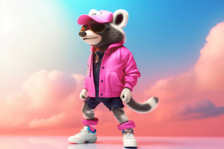 Fashion pink raccoon dancing. Person party. Generate Aiの素材