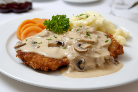 Pork schnitzel mushroom plate. Cuisine sauce food. Generate Aiの素材