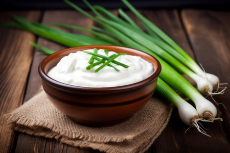 Sour cream fresh on wood table. Pot natural. Generate Aiの素材