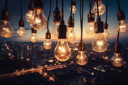 Light bulbs hanging outdoor. Electric led lamp. Generate Aiの素材