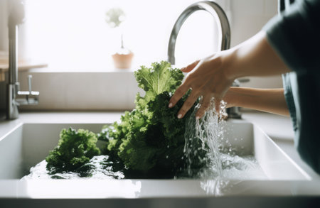 Hands washing salad leaves. Raw diet. Generate Aiの素材