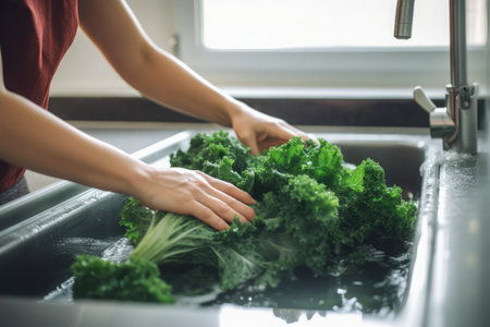 Hands washing salad at kitchen. Healthy diet. Generate Aiの素材