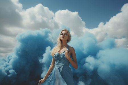 Woman blue smoked cloud. Fashion makeup. Generate Aiの素材