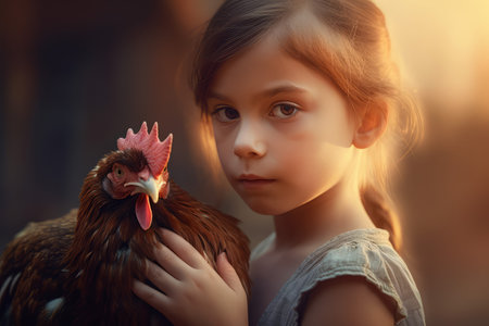 Little girl with chicken. Farmer girl feed. Generate Aiの素材