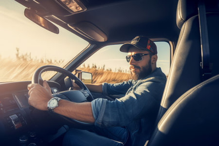 Male driver resting. Trailer truck. Generate Aiの素材