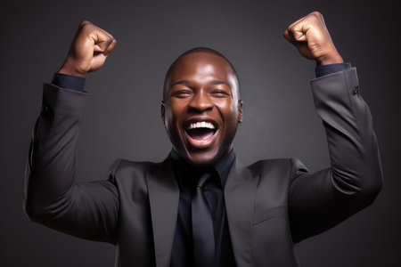 African man suit celebrating success. Celebrate excited. Generate Aiの素材