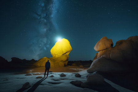 Man rock glowing. Alone top looking. Generate Aiの素材