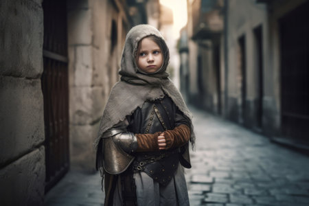 Medieval child knight street photo. Game person. Generate Aiの素材