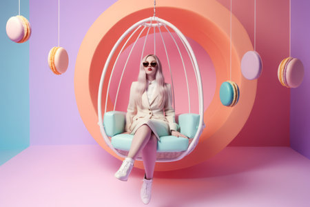 Model sitting macaroon. Pink sweet. Generate Aiの素材