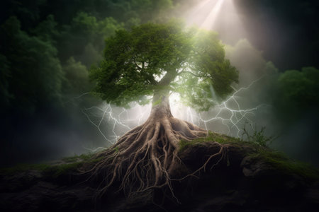 Nature power tree. Eco green light. Generate Aiの素材