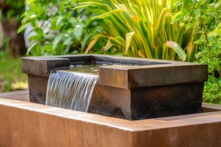 Outdoor fountain waterfall. Home summer decor. Generate Aiの素材