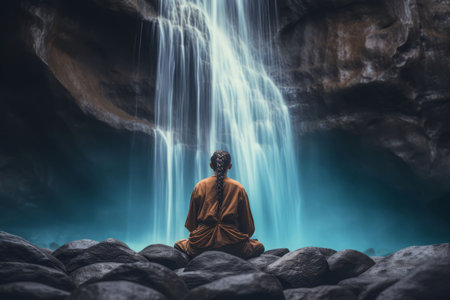 Person meditation waterfall. Summer travel. Generate Aiの素材