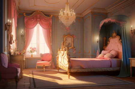Princess pink royal bedroom. Home wall. Generate Aiの素材
