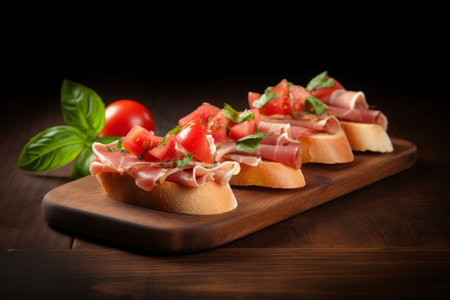 Prosciutto tomato toast wooden board. Spanish slice. Generate Aiの素材