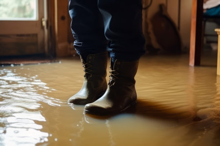 Boots flooded house. Floor adult after rain. Generate Aiの素材