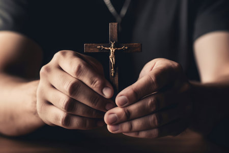 Hands hold cross. Sign god. Generate Aiの素材