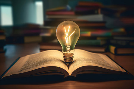 Glowing light bulb book idea. Paper creative. Generate Aiの素材