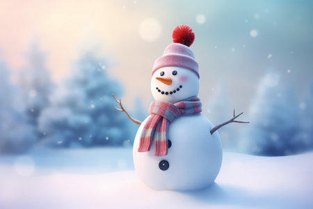 Snowman hat scarf in snow forest. Park outdoor. Generate Aiの素材