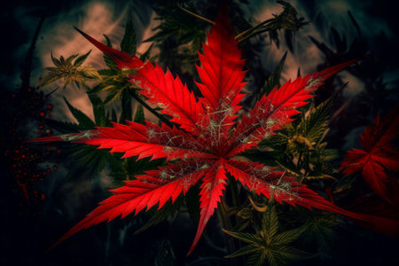 Red cannabis leaf. Red grass plant. Generate Aiの素材