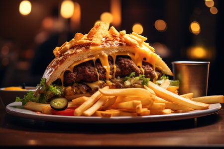 Pieces inside burger. Food grilled road. Generate Aiの素材