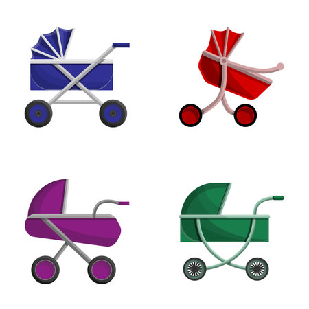Baby carriage icons set cartoon vector. Colorful stroller. Child transportation deviceのイラスト素材
