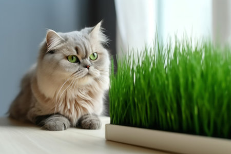 Cat fresh grass. Feeding pet. Generate Aiの素材