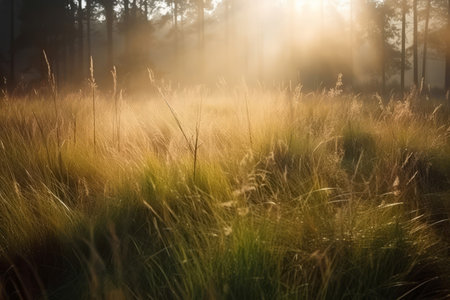 Grass forest morning sun. Nature fog. Generate Aiの素材