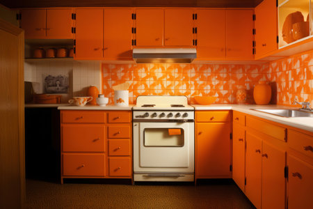 Retro orange kitchen. Dinning set. Generate Aiの素材