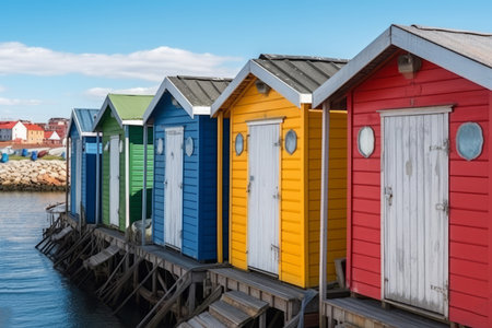 Fisherman colorful huts row. Relax beach. Generate Aiの素材