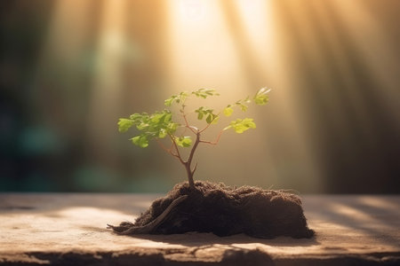 Plant tree sun grow dirt. Small leaf nature. Generate Aiの素材